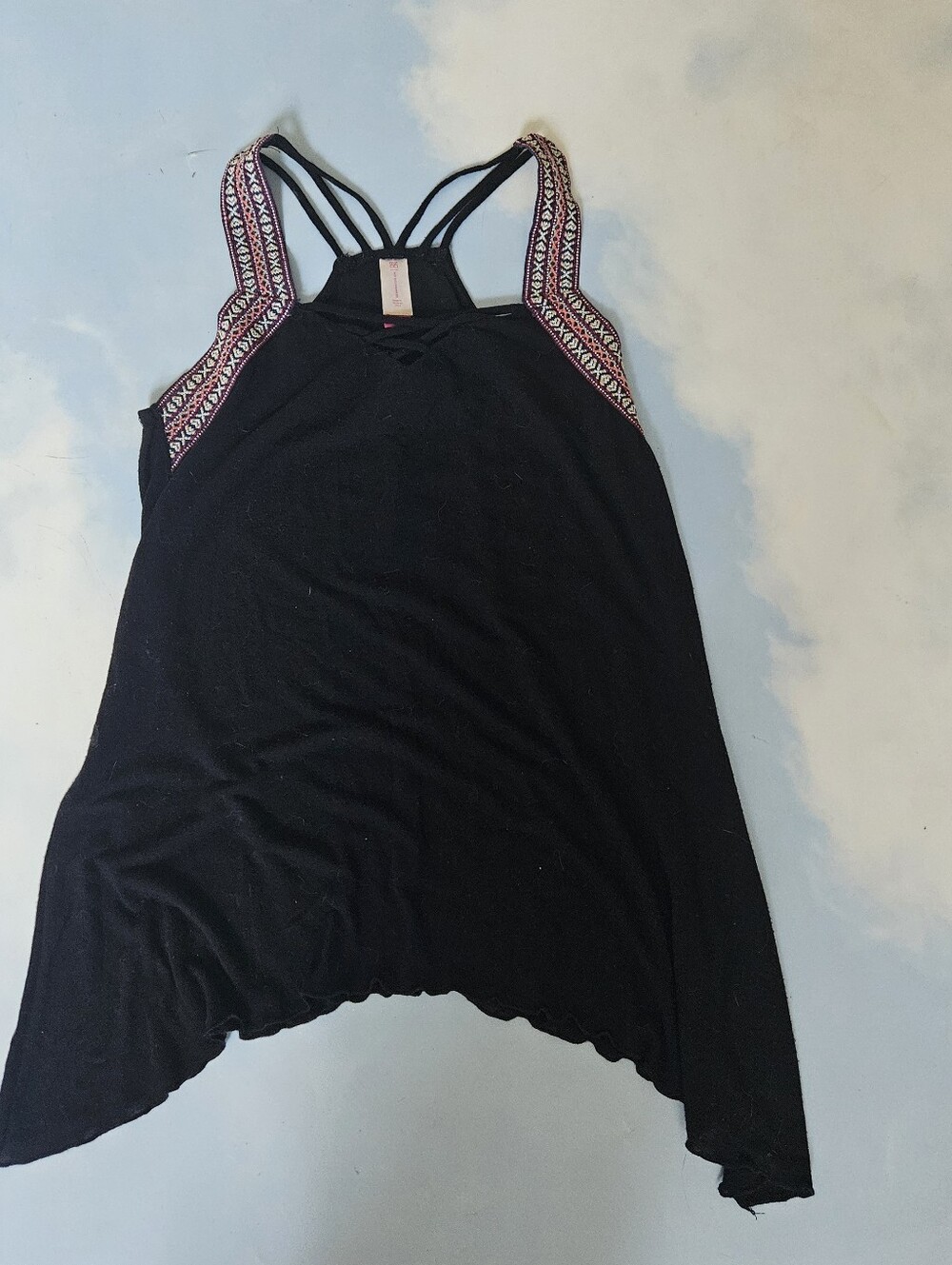 No Boundaries Black Tank Top with Pink Patterned Straps